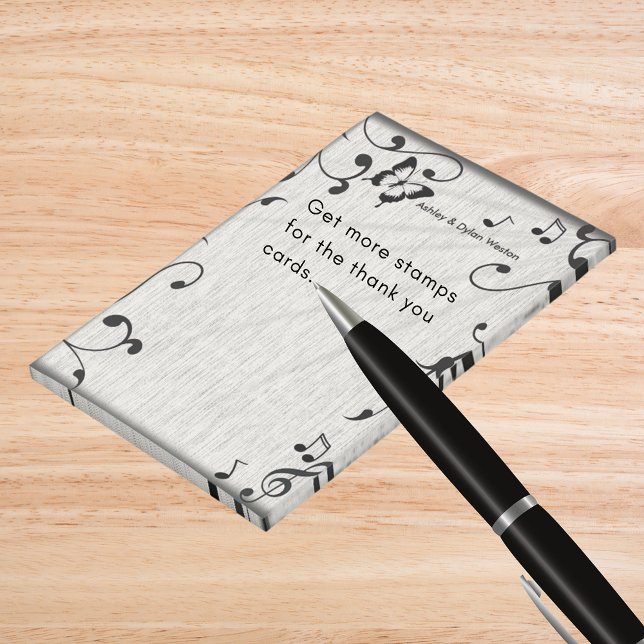 Music Butterfly Löv Grått & Black Wood Bröllop Post-it Block (Music Butterfly Leaves Gray & Black Wood Wedding Post-it Notes)