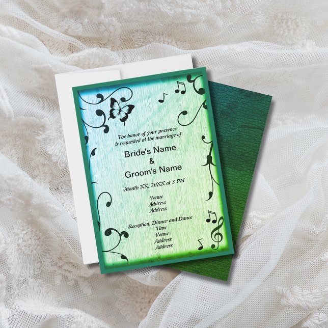 Music Butterfly Löv Grönt Wood Bröllop Inbjudningar (Music Butterfly Leaves Green Wood Wedding Invitation)