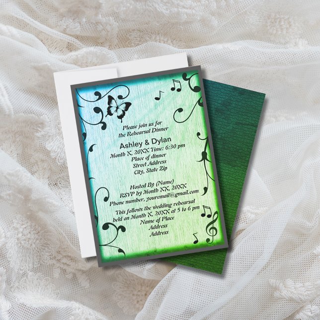 Music Butterfly Löv Grönt Wood Bröllop Inbjudningar (Music Butterfly Leaves Green Wood Wedding Invitation)
