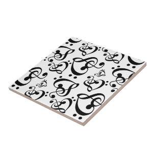 Music Clef Hearts Black and White Mönster Kakelplatta