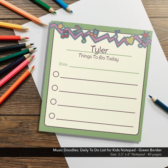 Music Doodles: Anteckningsblocket Daily To Do List Anteckningsblock (Music Doodles: Daily To Do List for Kids Notepad - Green Border)