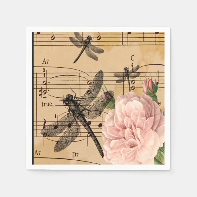 Music Dragonfly Flower Napkins Party Decocupage Pappersservett (Framsidan)