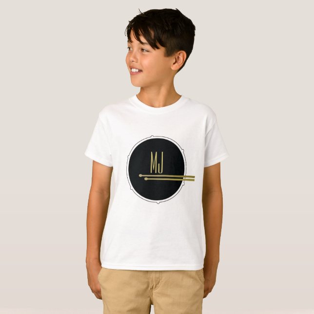 Music Drums Simple Black and White Monogrammed T Shirt (Hel framsida)
