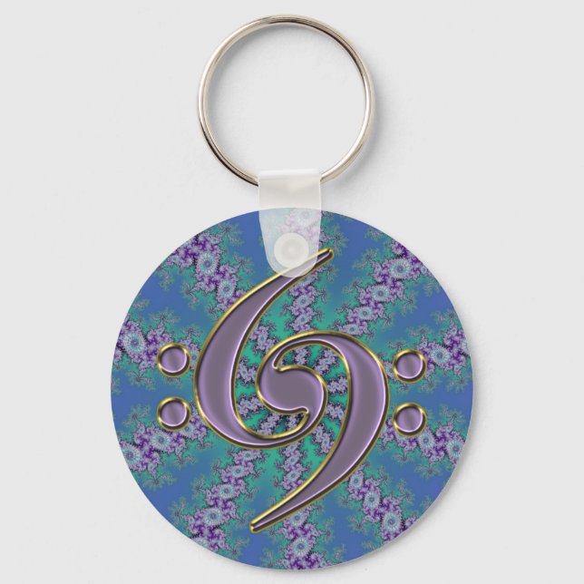 Music Dubbla Bass Clef on Blue Fractal Keychain Nyckelring (Framsida)