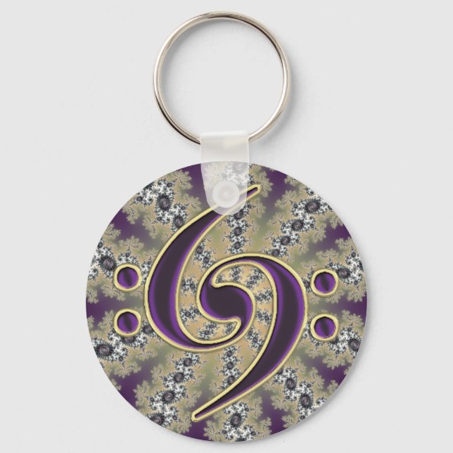 Music Dubbla Bass Clef på Guld Fractal Keychain Nyckelring (Framsida)