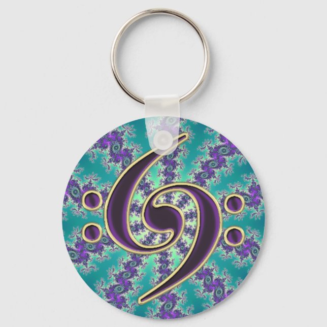 Music Dubbla Bass Clef på Guld Fractal Keychain Nyckelring (Framsida)