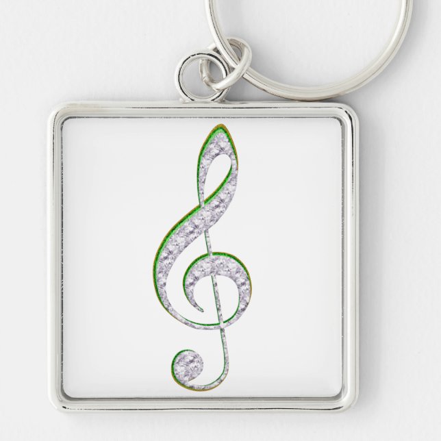 MUSIC Emerald and Diamond Treble Clef Fyrkantig Silverfärgad Nyckelring (Framsidan)
