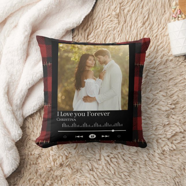 Music Frame Couple Photo Red Plaid  Name & Title  Kudde (Filt)
