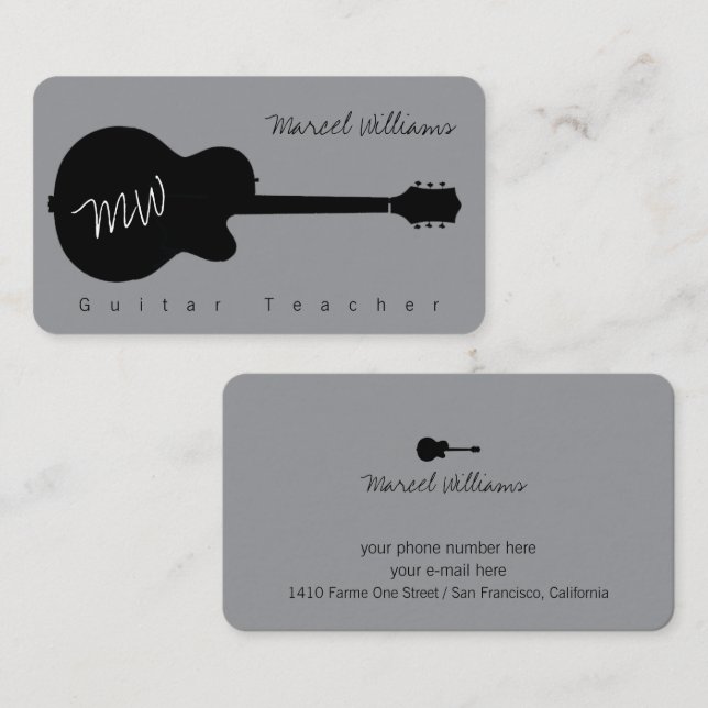 Music Gray Business Card with blk. Guitar Visitkort (Fram/baksida)