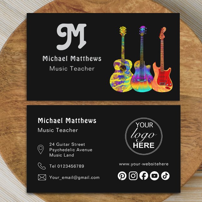 Music Guitar Teacher Logotyp och Social Media Anpa Visitkort (Modern guitar music teacher professional musician logo social media black Business card retro groovy)