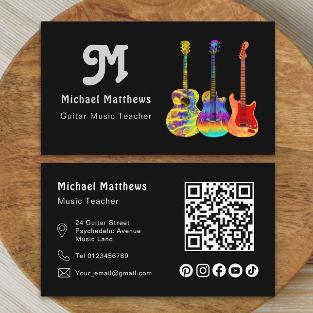 Music Guitar Teacher QR Code Social Media Anpassni Visitkort (Modern retro guitar music tutor professional musician social media qr code Business card )