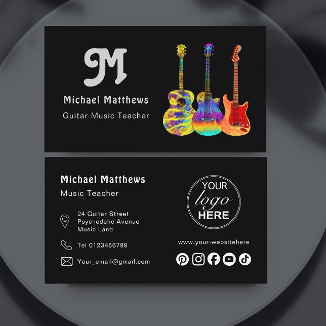 Music Guitar Teacher Social Media Logotyp Anpassni Visitkort (Retro Guitar music teacher custom social media logo business card)