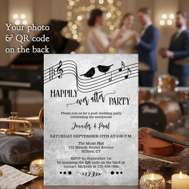 Music Happily Ever After Wedding Photo Inbjudningar (Music themed Happily Ever After wedding invitation with song birds and musical notes in B&W + QR)