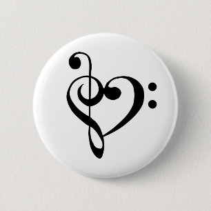 Music Heart Treble Bass Clef Heart - svart Knapp
