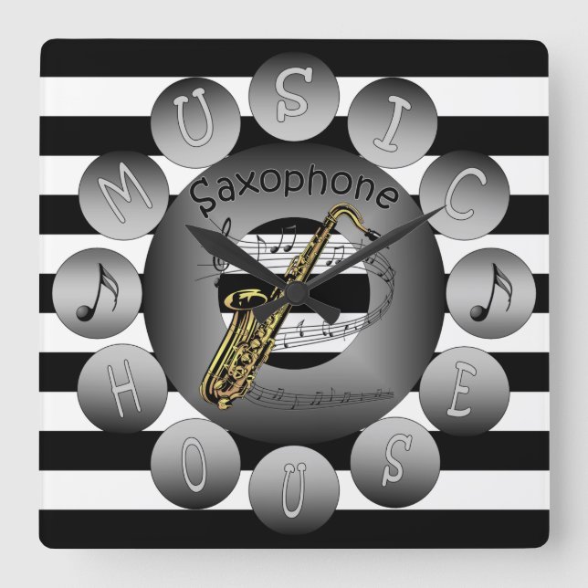 Music House Clock ~Saxophone~ Spiral ~Rand Fyrkantig Klocka (Framsida)
