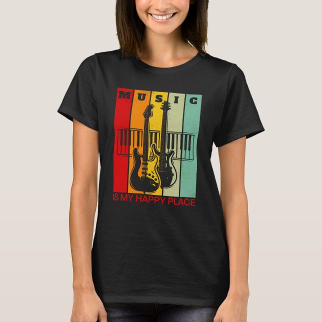 Music is My Happy Place Music Guitar Keyboards Pia T Shirt (Framsida)