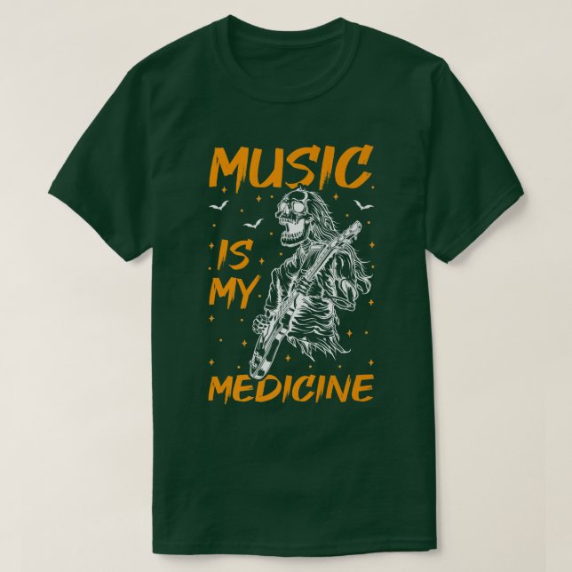 Music Is My Medicine Skeleton Playing Guitar Hallo T Shirt (Design framsida)