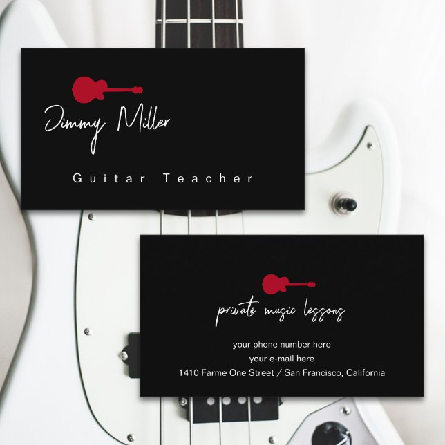 Music Lessons Red Guitar Black Visitkort (Skapare uppladdad)