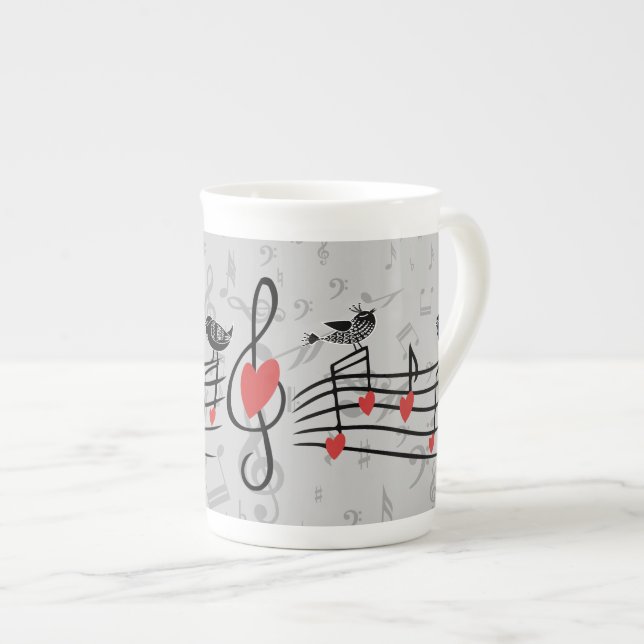 Music Love birds på Grått Musik noter Benporslin Mugg (Framsida höger)