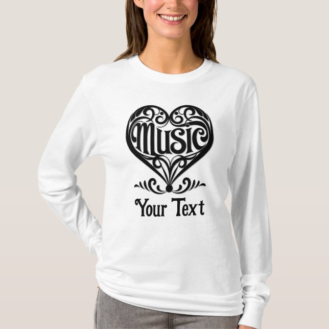 Music Lover Elegant Scrolled Heart Personalized T Shirt (Framsida)