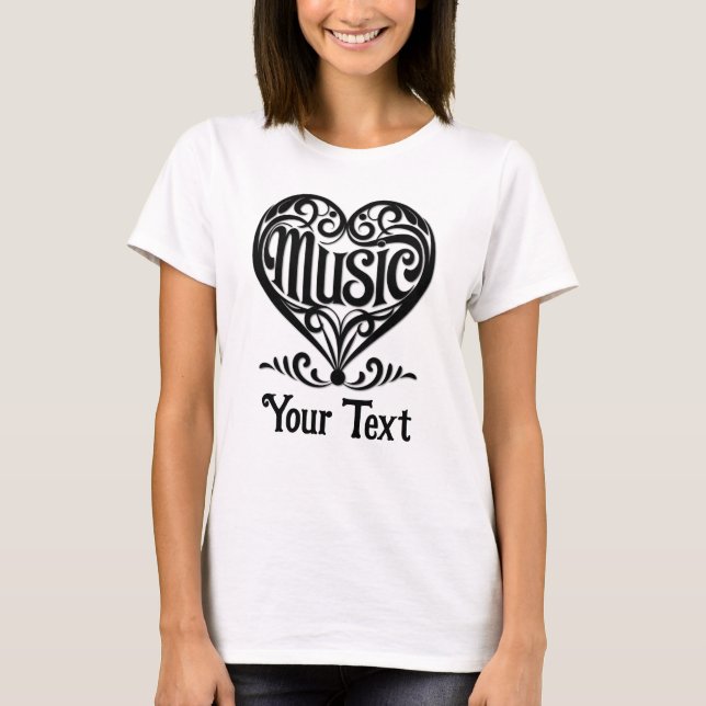 Music Lover Elegant Scrolled Heart Personalized T Shirt (Framsida)