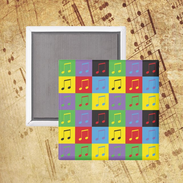 Music Mönster 8th Notes Rainbow Magnet (A magnet with a music note pattern done in yellow, green, blue, purple, red and black)