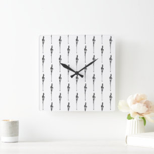 Music Motif Smälter Treble Clef Black and White Fyrkantig Klocka