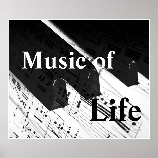 Music of Life: Piano Nycklar & Notes B&W Print Poster (Framsidan)