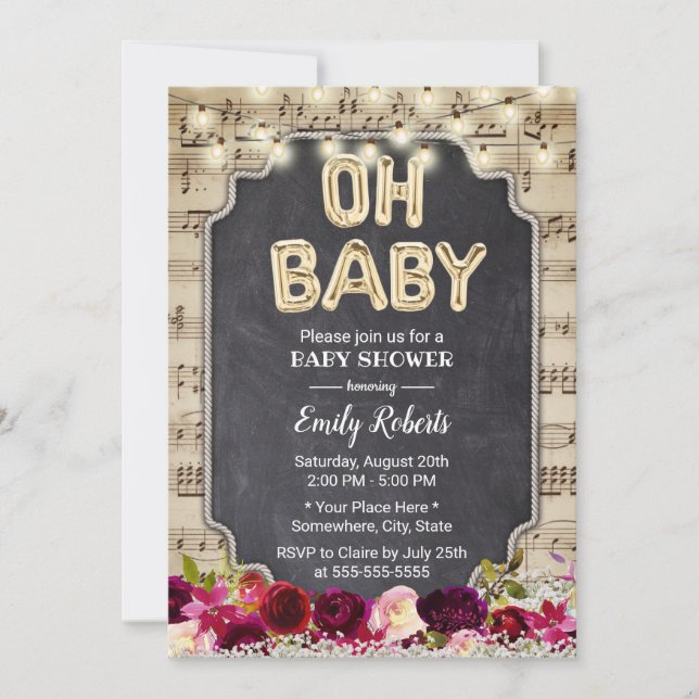 Music Oh Baby Shower Rustic Burgundy Red Blommigt Inbjudningar (Framsida)