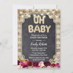 Music Oh Baby Shower Rustic Burgundy Red Blommigt Inbjudningar