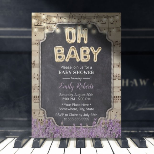 Music Oh Baby Shower Rustic Lavender Blommigt Inbjudningar (Skapare uppladdad)