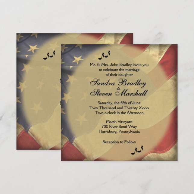 Music on Distressed American Flag Theme Wedding   Inbjudningar (Fram/baksida)