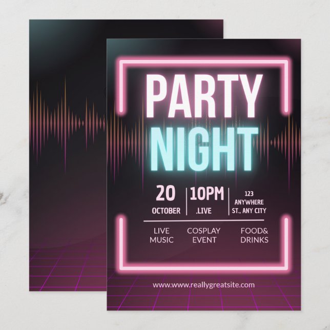 Music Party-inbjudan, Party-nattflyg Inbjudningar (Fram/baksida)