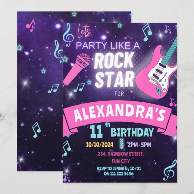 Music Party som en Rockstjärna Girl Birthday Inbjudningar (Fram/baksida)