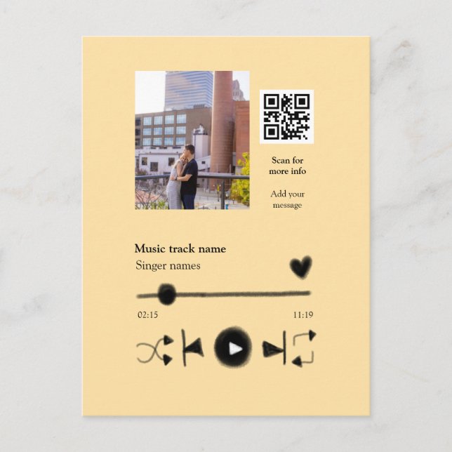 Music player personalized couple love q r code tex vykort (Framsida)