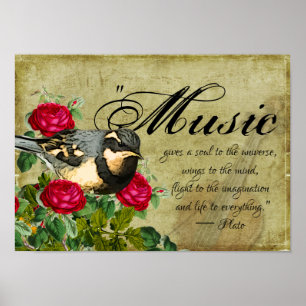 Music Quote, Thush Bird and Ro, Vintage Violin Poster