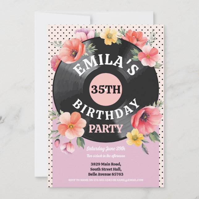 Music Record Birthday Blommigt 1950s Womens Inbjudningar (Framsida)