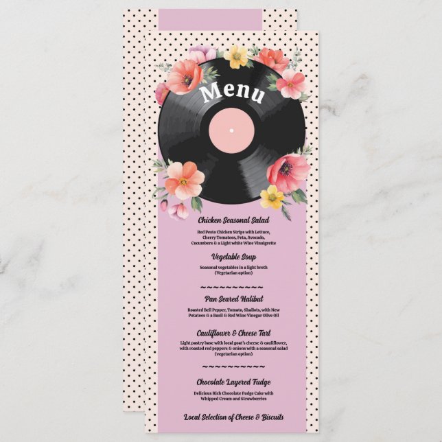 Music Record Bröllop Blommigt 1950s Menu Meny (Fram/baksida)