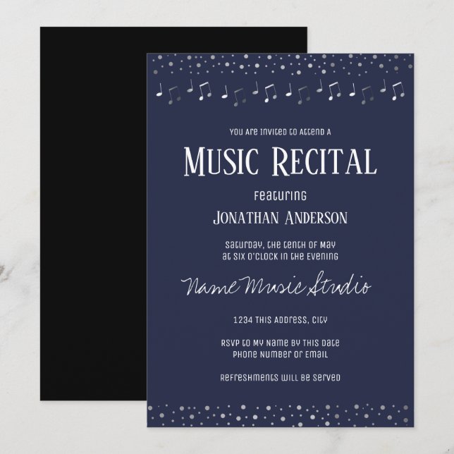 Music Skäl Elegant Silver Inbjudningar (Fram/baksida)