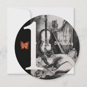 MUSIC SKAPAR CAT First Födelsedagsfest,Svartvit Inbjudningar