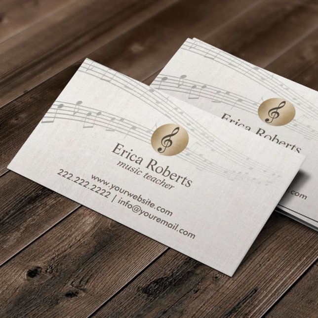 Music Teacher Guld Clef Logotyp Classy Linen Music Visitkort (Skapare uppladdad)