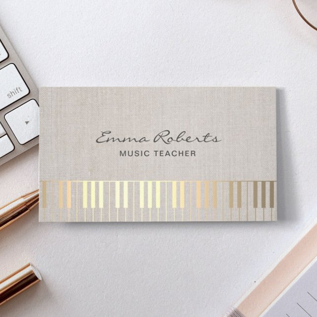 Music Teacher Guld Piano Musical Elegant Linen Visitkort (Skapare uppladdad)