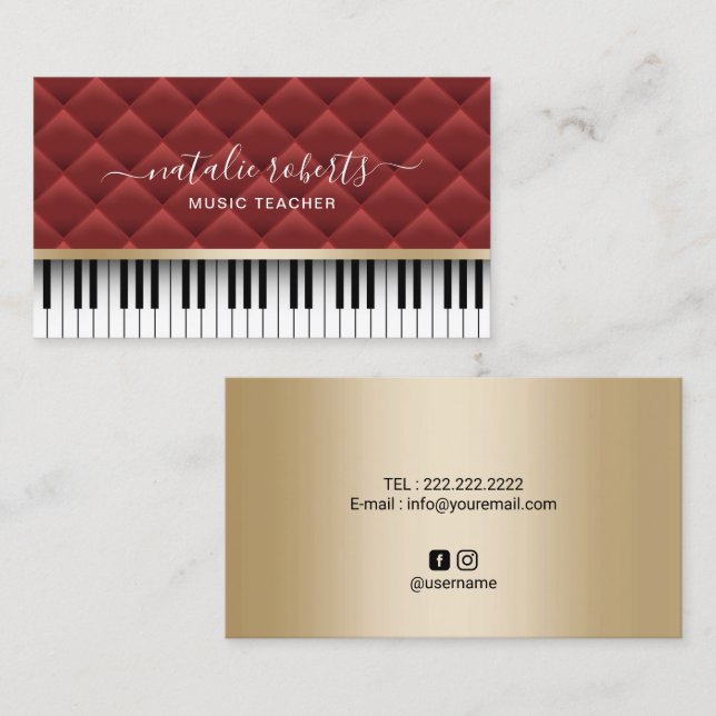 Music Teacher Luxury Red & Guld Piano Nycklar Visitkort (Fram/baksida)