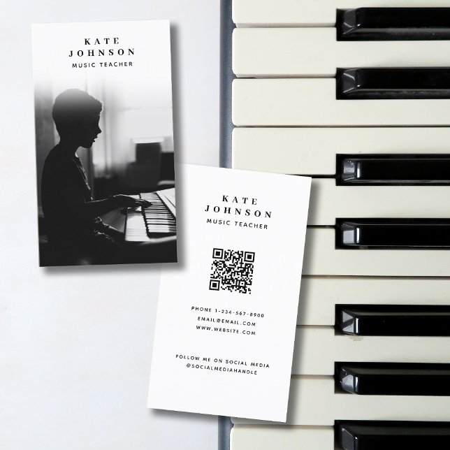 Music Teacher Musician Photo Social Media QR-kod Visitkort (Music Teacher Musician Photo Social Media QR Code Business Card)