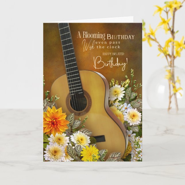 Music Theme Belated Birthday Card – Guitar Design Kort (Gul blomma)