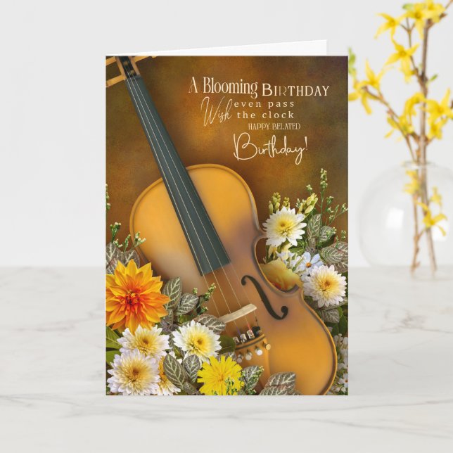 Music Theme Belated Birthday Card – Violin Kort (Gul blomma)