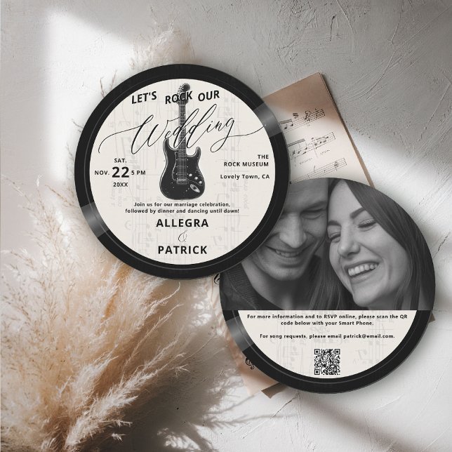 Music Vinyl All One Photo QR Sten Vår Bröllop Ecru Inbjudningar (music theme wedding invitation rock vinyl record ecru ivory white photo qr code all one musician)
