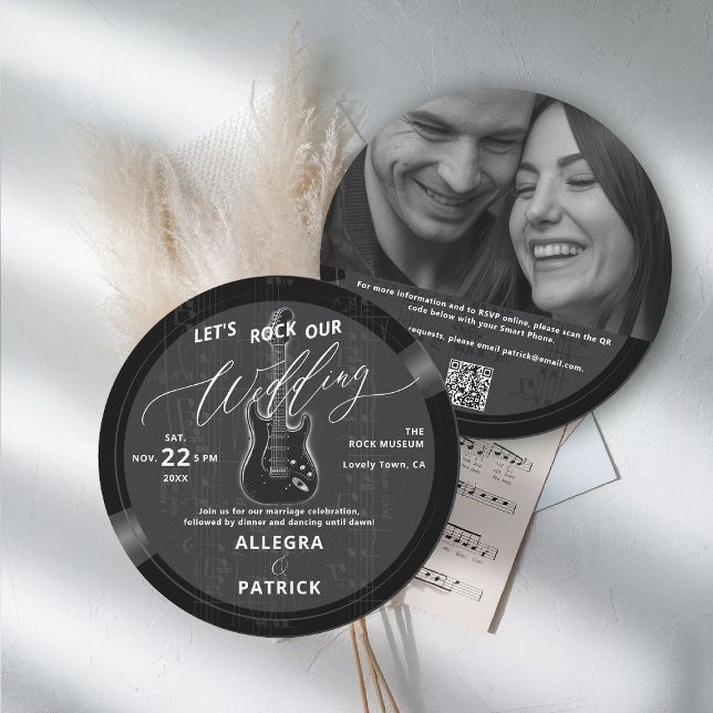 Music Vinyl All One Photo QR Sten Vårt Bröllop Inbjudningar (music theme wedding invitation rock vinyl record black white photo qr code all one musician guitar)