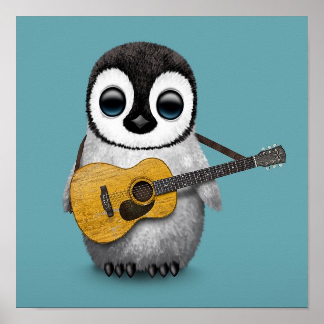 Musical Baby Penguin spelar Guitar Blue Poster (Framsidan)