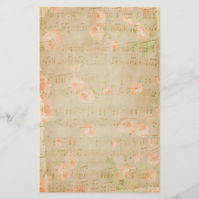 Musical Blommigt Notes Flowers Peach Beige Brevpapper (Framsida)
